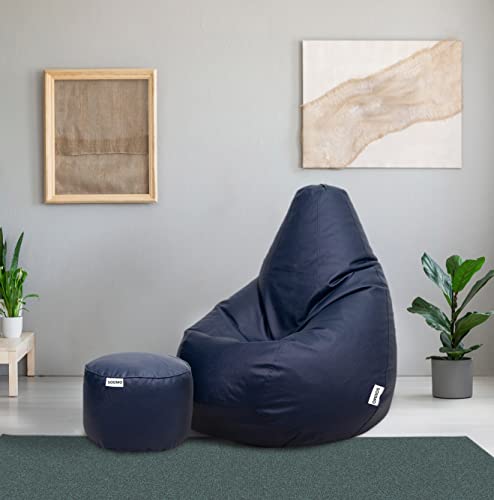 Amazon Brand – Solimo Leatherette 2XL Bean Bag with Footrest, Ready to Use, Filled with Beans (Navy Blue)