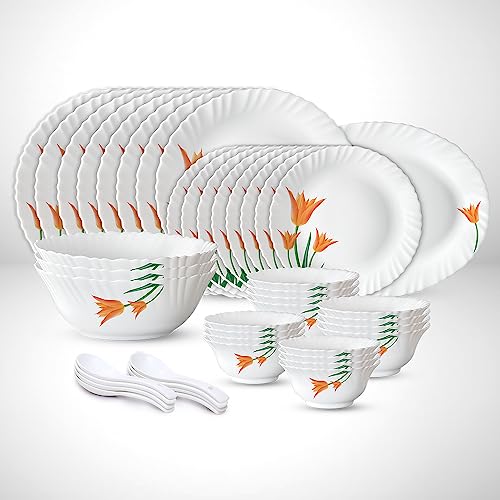 Larah by Borosil Fluted Firefly Dinner Set 44 Pieces, Opal Glass Dinner Plates & Bowls Crockery Set for Dinning, White