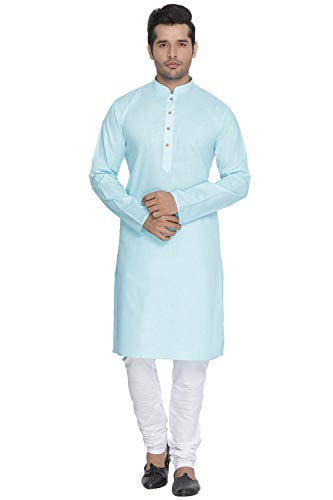 VASTRAMAY Men Light Blue Cotton Kurta and Pyjama Set (VASMK007AQnPCWH_44)