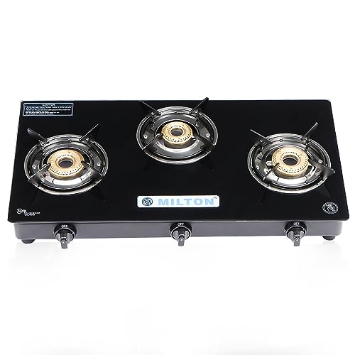 MILTON Premium Pro Toughened Glass Top Gas Stove 3 Burners I Auto Ignition I High-Powered Brass Burner I ISI Certified I 1 Year Warranty