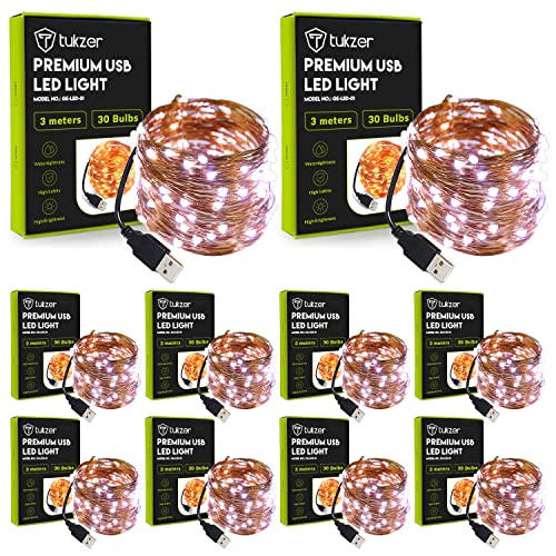 Tukzer Copper LED Fairy String Lights with USB, High Brightness, Low Power Consumption, Indoor Outdoor Decoration, Christmas Decor, LED Strip Light for Party Light, 3 Meter, White, Pack of 10