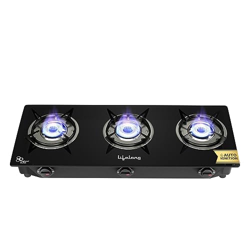 Lifelong LLGS803 Auto Ignition, High Efficiency 3 Burner Gas Stove with Toughened Glass Top, ISI Certified, Automatic Ignition, For LPG Use Only (Black)