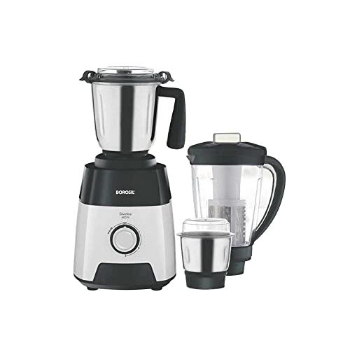 Borosil Silverline Mixer Grinder, For Wet/Dry Mixing & Grinding, 600 Watts, 3 Jars, 2 Heavy Stainless Steel Jars (0.4 L Chutney Grinder & 1.2 L Dry/Wet Grinder) with PC lids + 1 PC Jar (1.5 L) with Fruit Filter for Blending & Juicing