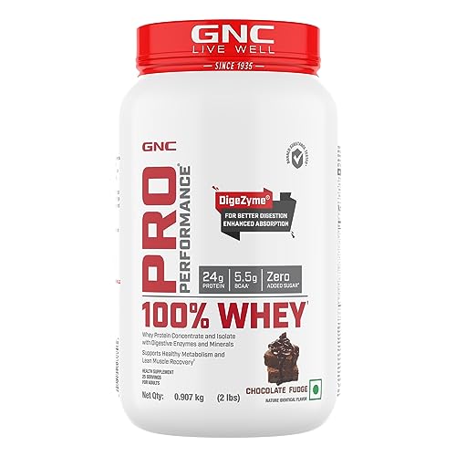 GNC Pro Performance 100% Whey Protein Powder | 2 lbs | Builds Lean Muscles | Speeds Up Muscle Recovery | DigeZyme® For Easy Digestion | 24g Protein | 5.5g BCAA | Chocolate Fudge| Formulated in USA