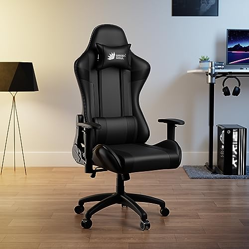Green Soul® Raptor Racing Edition Ergonomic Gaming Chair with Premium PU Leather, Adjustable Neck & Lumbar Pillow, 2D Adjustable Armrests & Heavy Duty Nylon Base (Black)