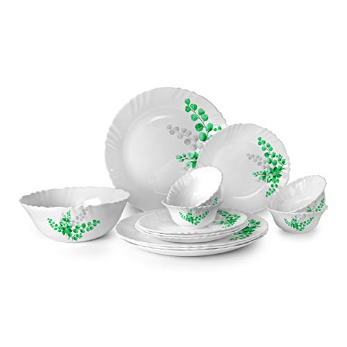 Cello Opalware Aqua Leaves Dinner Set, 13-Pieces, White