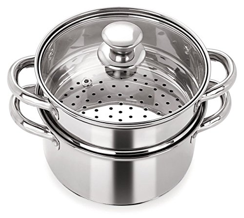 PANCA Premium Steamer For Vegatables, Momo, Rice, Multipurpose 2 Tier Stainless Steel Steamer With Glass Lid, Premium Daily Use Steamer 18cm Diameter (Induction Friendly) – Silver