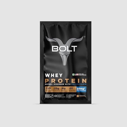 BOLT 100% Whey Protein Powder|25g Protein Per Serving |With Superfood PHYCOCYANIN|USA Formulation & Origin|Muscle Building|Bone Strength, Immunity, Healthy Skin, Hair & Nails|33g (01 Serving)|Chocolate