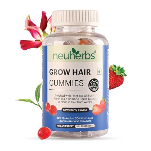 Neuherbs Grow Hair 30 Gummies With Biotin, Bamboo shoot extract, Green Tea Extract, Iron, Vitamin B12, B2, Folic Acid Keeps Hair Healthy & Strong | Natural Strawberry Flavored |100% Vegetarian | Gelatin Free | 0 Added Sugar