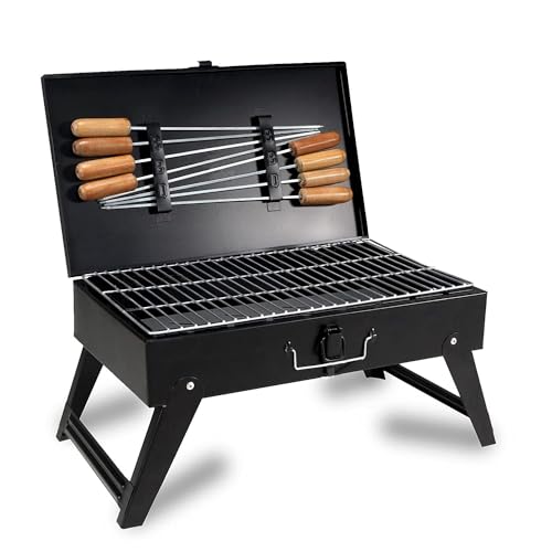 Briefcase Barbecue – Freeboot Foldable Briefcase Style Charcoal Barbecue And Tandoor Grill Barbeque Stand For Outdoor Picnic(2 Spatula, 1 BBQ, 10 Stick, 1 Air Blower, 1kg charcoal)