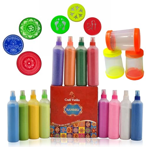 Rangoli Making Tools Kit Set of 12 Rangoli Color Powder Bottle Rangoli Making Stencil Set of 3 Rangoli Fillers Stamp, Fillers for Floor Diwali Onam Pongal Floor Decoration
