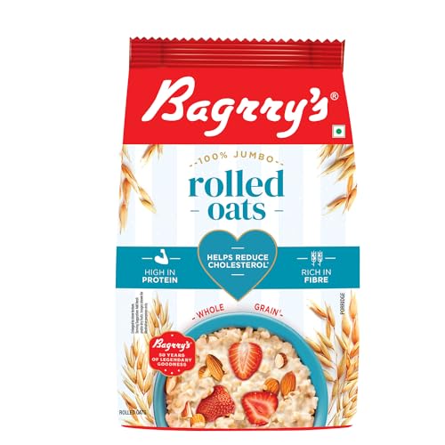 Bagrry’s 100% Jumbo Rolled Oats 1kg Pouch | Whole Grain Rolled Oats with High Fibre, Protein | Non GMO | Healthy Food with No Added Sugar | Diet food for Weight Management | Premium Rolled Oats