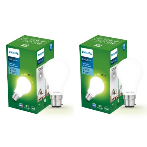 PHILIPS 9-watt Diffused LED Glass Light Bulb | Bulb Base: B22, 600 Lumen Full Glow Frosted Diffused LED Bulb for Home Decoration | Warm White, Pack of 2