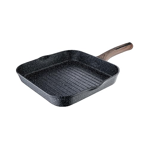BERGNER Ultimate ILag Marble Non Stick Grillpan, 28 cm, Induction Base, Wooden Soft Touch Handle, Food Safe (PFOA Free), Thickness 3.5mm, 1 Year Warranty, Grey