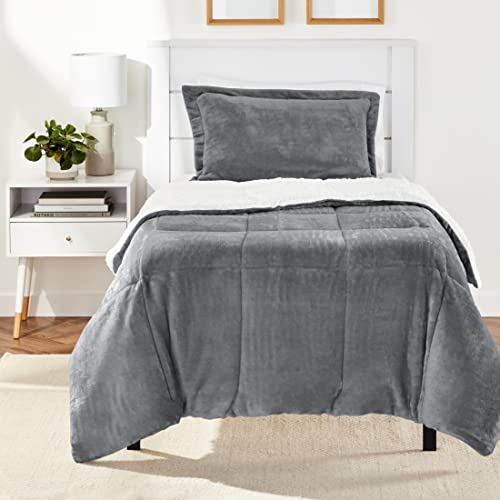amazon basics Micromink Sherpa Comforter Set – Single Size, Charcoal – With Pillow Cover (Polyester)