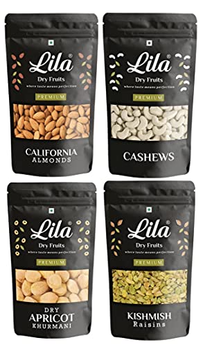 LILA DRY FRUITS Combo Cashews, Almonds, Golden Raisins & Dry Apricots 200gm Each| Kaju, Badam, Kishmish, Khurmani| Combo 800gm(4 x 200gms)