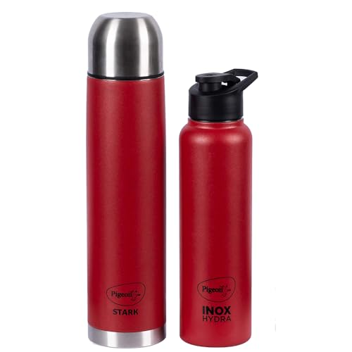 Pigeon by Stovekraft Therminox Stark Plus Vacuum Insulated Flask 1000ml Red + INOX Hydra Red 900ml Bottle Combo, (Red)