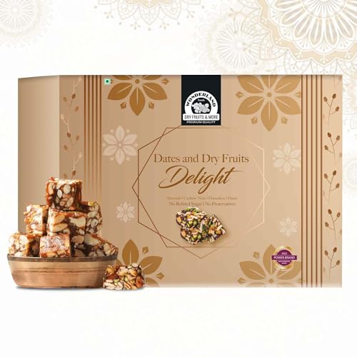 Wonderland Foods Premium Dates And Dry Fruits Delight 200g | Dry Fruits Bites And Dates Barfi Gift Hamper | Diwali Gift Pack | Made with Dates, Pistachios, Cashews, Almonds, Honey and Pure Ghee