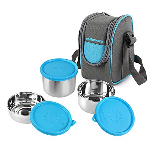 CELLO Steelox Stainless Steel Lunch Box-3 Units Steel, Blue, (Capacities – 225ml, 375ml, 550ml)
