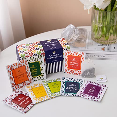 Octavius Tea Sampler Pack – 32 Tea Bags | 8 Assorted Black & Green Tea | Cinnamon Anise, Pure Green, Lemon, Honey Lemon, English Breakfast, Darjeeling, Indian Masala, Earl Grey | Diwali Gift Box