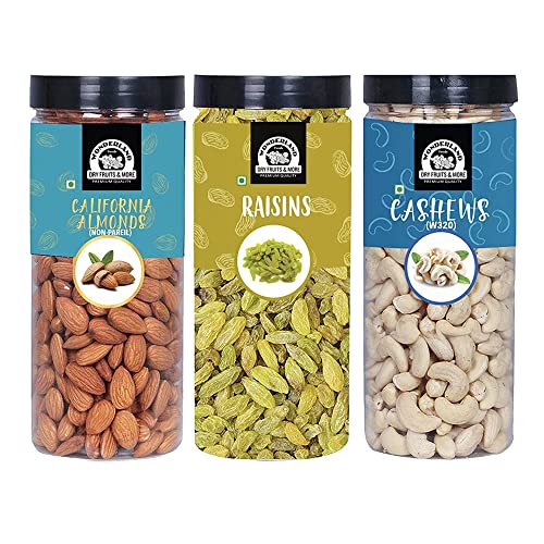WONDERLAND FOODS (DEVICE) Healthy Dry Fruits Combo Pack 1.5Kg (500G X 3)|Almonds (Np),Cashews (W-320),Long Green Raisins Jar|Nutritious & Delicious High In Fiber & Boost Immunity
