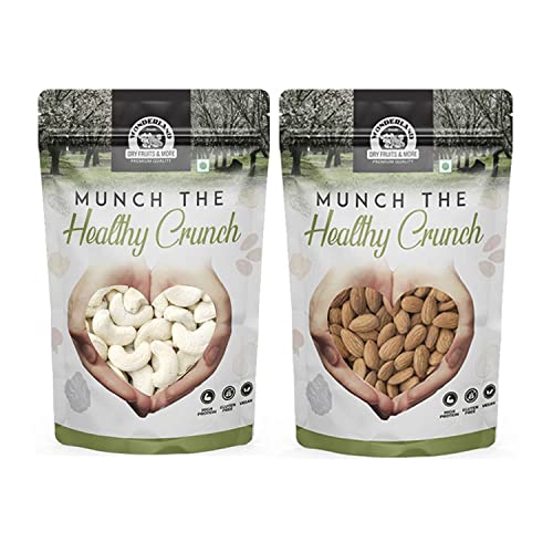 WONDERLAND FOODS (DEVICE) California Almonds & Whole Raw Cashew (Kaju) W320-Grade | 1Kg (500g X 2) Combo Pack