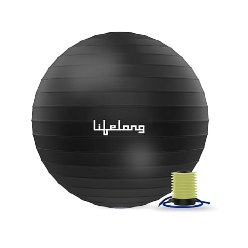 Lifelong Gym Ball for Exercise|Anti-Burst Exercise Ball with Foot Pump|Yoga Ball for Women & Men|Swiss Ball for Balance Stability Training|Birthing Ball for Pregnancy (LLFAGB75, Black, Diameter: 75cm)