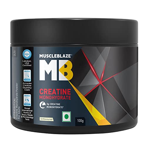 MuscleBlaze Creatine Monohydrate 100gm, Labdoor USA Certified (Unflavoured, 33 Servings)