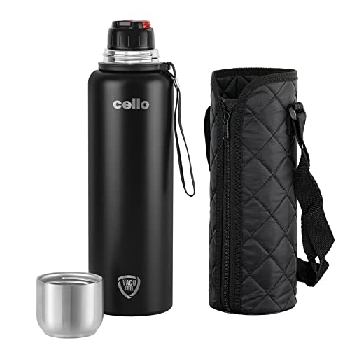 Cello Duro Tuff Steel Series- Flip Double Walled Stainless Steel Water Bottle with Durable DTP Coating, 1500ml, Black