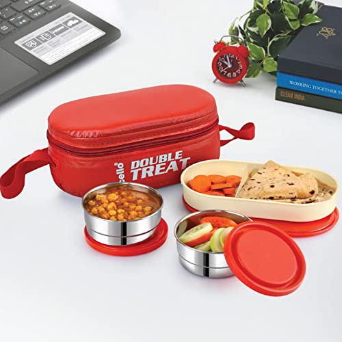 CELLO Double Treat Lunch Box with Jacket, 3 Container, (2 Units Round Container – 300 ml, 1 Unit Oval Container), Red (Stainless Steel;Plastic)