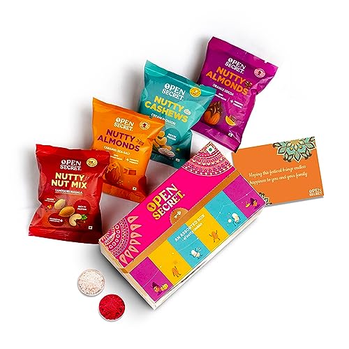 Open Secret Bhaidooj Gift Hamper with Chocolate Cookies | 7 Items Gift Combo – Premium Dry Fruit and Nuts Healthy Snacks | Gift Box for Bhai dooj | Combo Pack with Tika Set, Roli, Chawal, Special Card for Brother | Premium Cashew – Kaju, Almonds – Badam | Dry Fruit with Tikka Thread & Chocolates