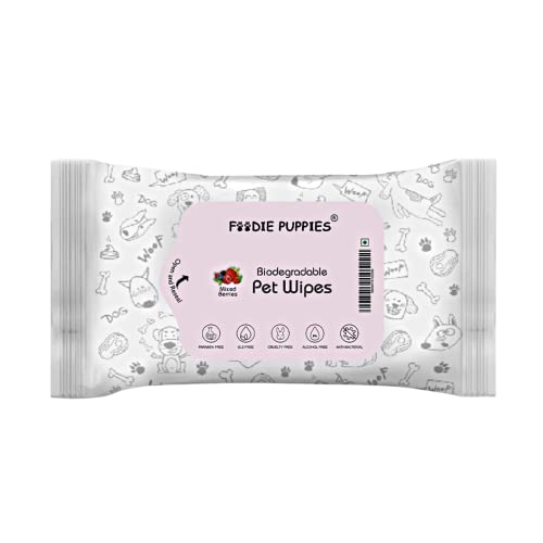 Foodie Puppies Biodegradable Anti-Bacterial 10pc Pet Wet Wipes for Dogs | Puppies | Cats | Kittens | Rabbit & Small Animals | Fresh Water Lily Scent | Pocket-Friendly (Mix Berries, Pack of 1)