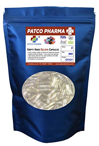 Patco Pharma – Size 2 Clear Empty Gelatin Pill Capsule – Gluten Free | DIY Powder Filling (Pack of 500)