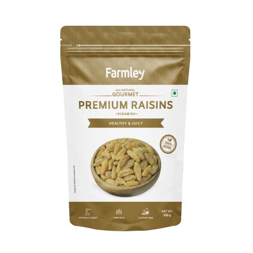 Farmley Premium Raisins – 500g I Kishmish | Dry fruit | Healthy snacks | Nuts | Ready to eat | Vegan | Gluten free | Non Gmo | Trans fat free | Cholesterol free | 100% Natural