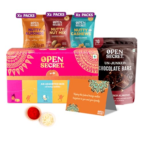 Open Secret Bhaidooj Gift Hamper with Chocolate Cookies | 10 Item Gift Combo – Assorted Chocolate Cookies Biscuits, Dark Chocolate, Dry Fruit and Nuts Combo Set – Cashew Almond, Bhai dooj Card, Roli Chawal, Tikha Threads | Premium Dry-Fruits Healthy Snacks Hamper For Brother Sister | Gift Box Diwali and Bhaiya dooj