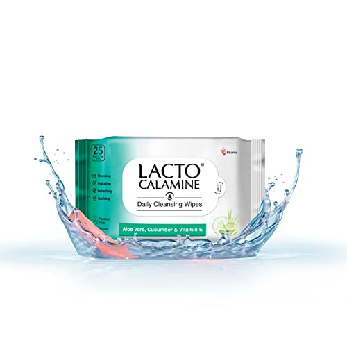 Lacto Calamine Daily Cleansing Face Wipes with Aloe Vera, Cucumber and Vitamin E (25 wipes) Pack of 1