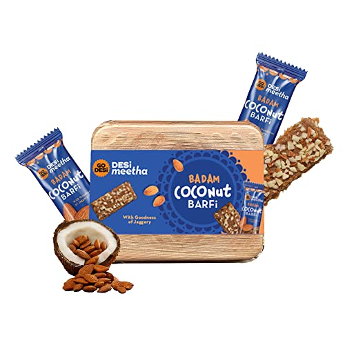 GO DESi – DESi Meetha Badam Coconut Barfi | 300 Grams | Indian Sweets Gift Pack | 25 Individually Wrapped Barfis | Dry Fruits Sweet | Almond Nuts bar | Sweets Indian Mithai