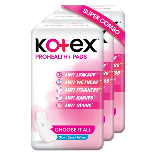 Kotex ProHealth+ Ultra thin Sanitary Pads for Women | XL+ size 126 napkins | Combo Pack (42’s x 3) | Healthy Protection with No Leakage, No Wetness and Rash free pads