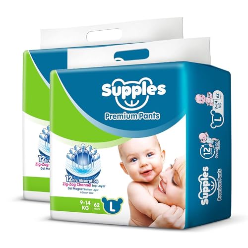 Supples Premium Diapers, Large (L), 124 Count, 9-14 Kg, 12 hrs Absorption Baby Diaper Pants