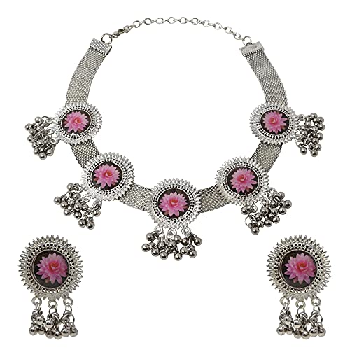 Steorra jewels Silver Base Oxidized Material Flower Design Choker Necklace with Earring Set for Women’s