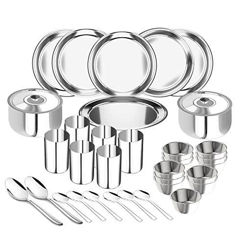 Lifelong Dinner Set of 36 Pcs | Stainless Steel | 6 Full Dinner Plates| 6 Glasses| 12 Vegetable Bowl| 6 Dinner Spoons| 2 Serving Spoon |2 Serving Bowl with Lid (LLDINSET36, Silver)