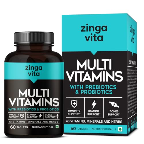 Zingavita Probiotics & Prebiotics Multivitamin Tablets with 43 Essential Minerals,Vitamins C, D, Zinc & Biotin for Better Immunity & Joint Support, for Men & Women – 60 Tablets