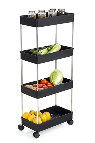 KUNTOM Plastic-Stainless Steel Fruit & Vegetable 4 Stand Kitchen Trolley | Fruit Basket | Vegetable Basket | Onion Potato Rack for Kitchen | Vegetable Stand for Kitchen (Tiered Shelf) (4xl, black)