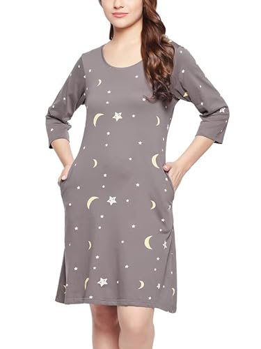 Clovia Women’s Cotton Pretty Florals Short Night Dress (NS1489P05_Grey_M)