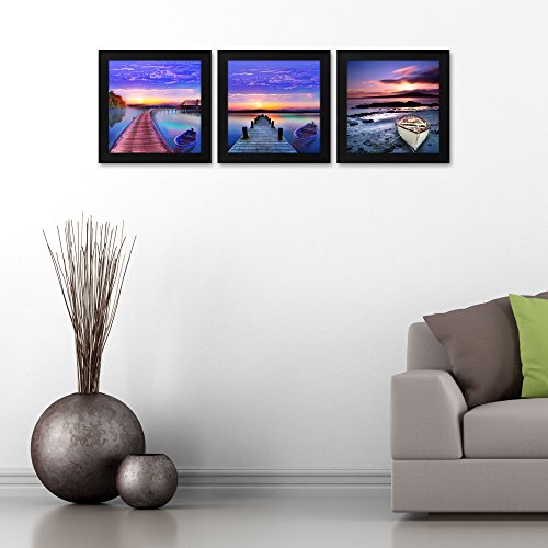 Story@Home UV Processed Modern Art Print ‘Water and Beach’ Landscape Synthetic Wood Framed Painting for Living Room, Drawing Room, Bedroom, Hall Decoration Ready to Hang, Set of 3 (30cm x 30cm x 3cm)