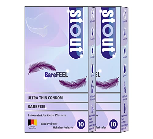 Stout Ultra Thin Highest Grade Latex BareFeel Condoms for Men |Extra Lubricated, Non-Flavoured for Extra Pleasure | Thinnest Condom for BareFeel – 10 Count | Pack of 2