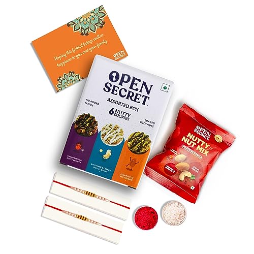 Open Secret Bhaidooj Gift Hamper for Brother I 5 Item Gift Combo – Cookies Biscuits, Tandoori Masala Nuts Mix (23g), Roli Chawal, Bhai dooj Threads(x2), Festive Card I Tikka Set for Brother Sister | Healthy Gift Hamper