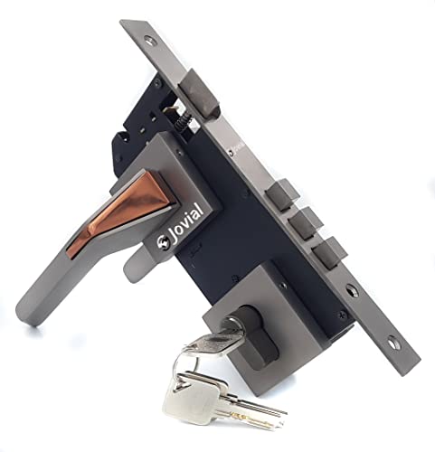 Jovial Luxurious Look Mortise Door Lock Handle Set/ Mortise Lock with Brass Lock Body and 60mm Brass Cylinder Set with 3 Brass Computerised Key / Weather Proof (Grey Black and Rose Gold, CY-Olivia)
