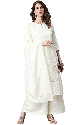 Janasya Women’s Off- White and Silver Poly Silk Kurta With Palazzo and Dupatta(J0245-SKD-L)