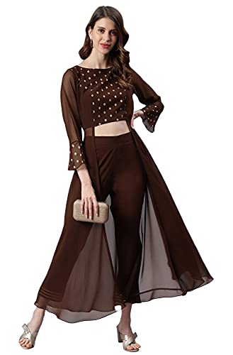 Janasya Women’s Brown Georgette Ethnic Motifs Top with Pant(SET273-KR-NP-L)